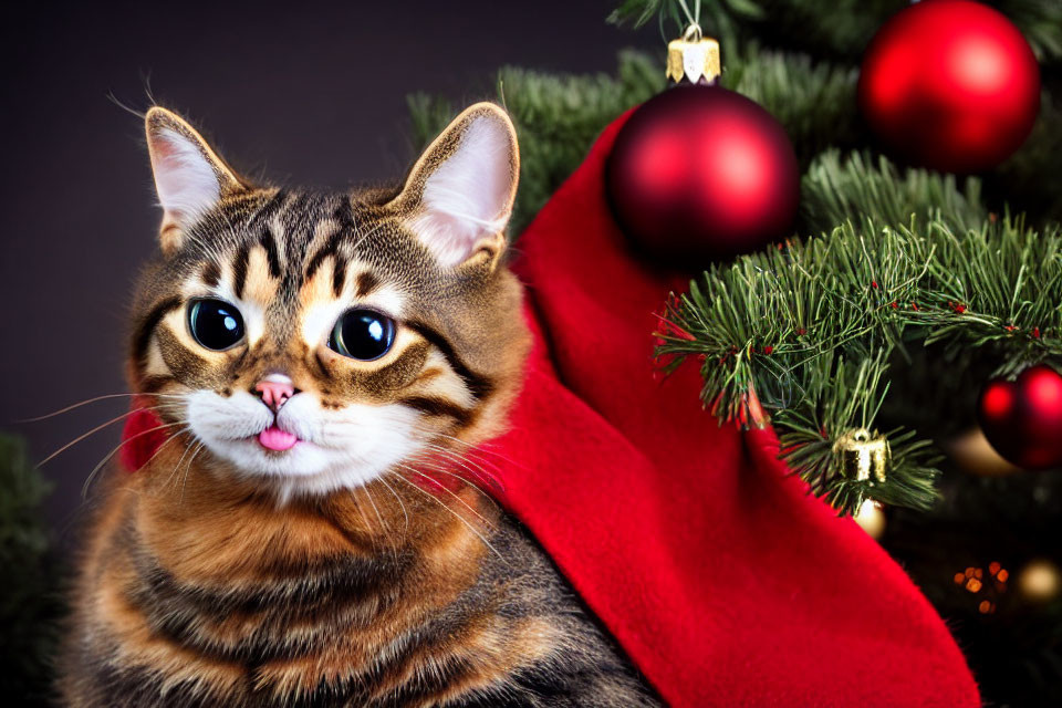 Tabby Cat Wrapped in Red Cloth with Christmas Tree Background