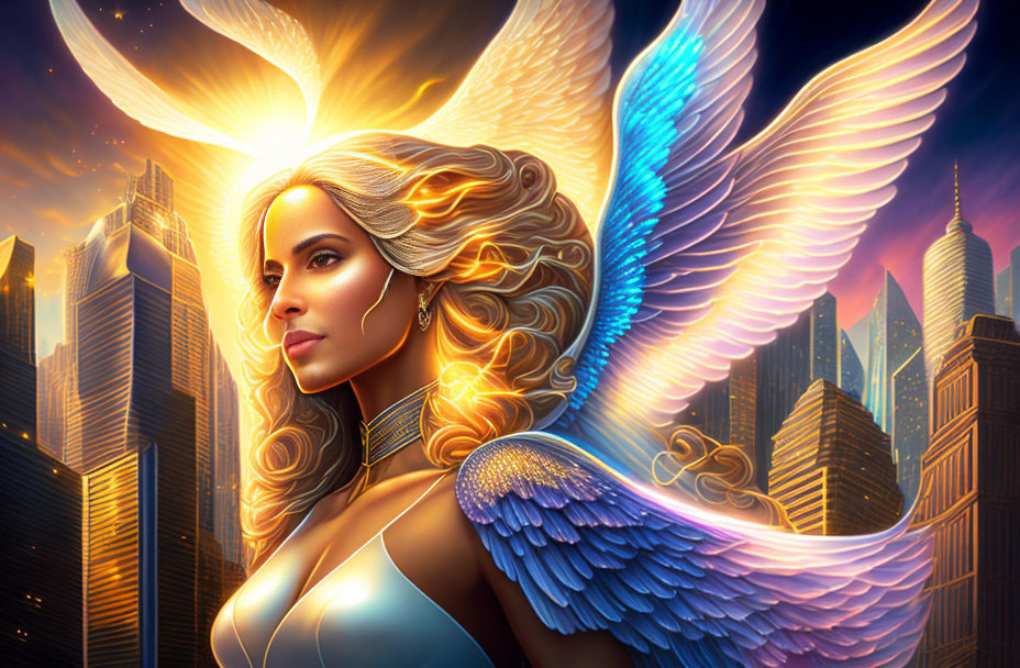 Golden-winged angel with divine aura overlooking city skyline at sunset