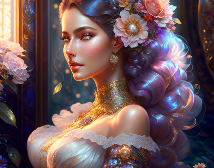 Digital illustration of woman with lavender hair and ornate attire in floral setting