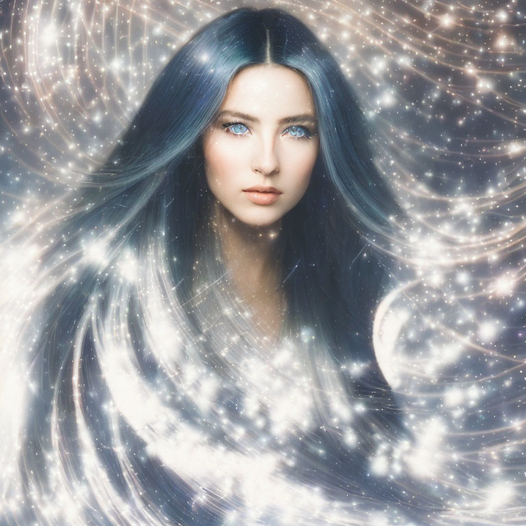 Blue-haired woman in cosmic galaxy setting