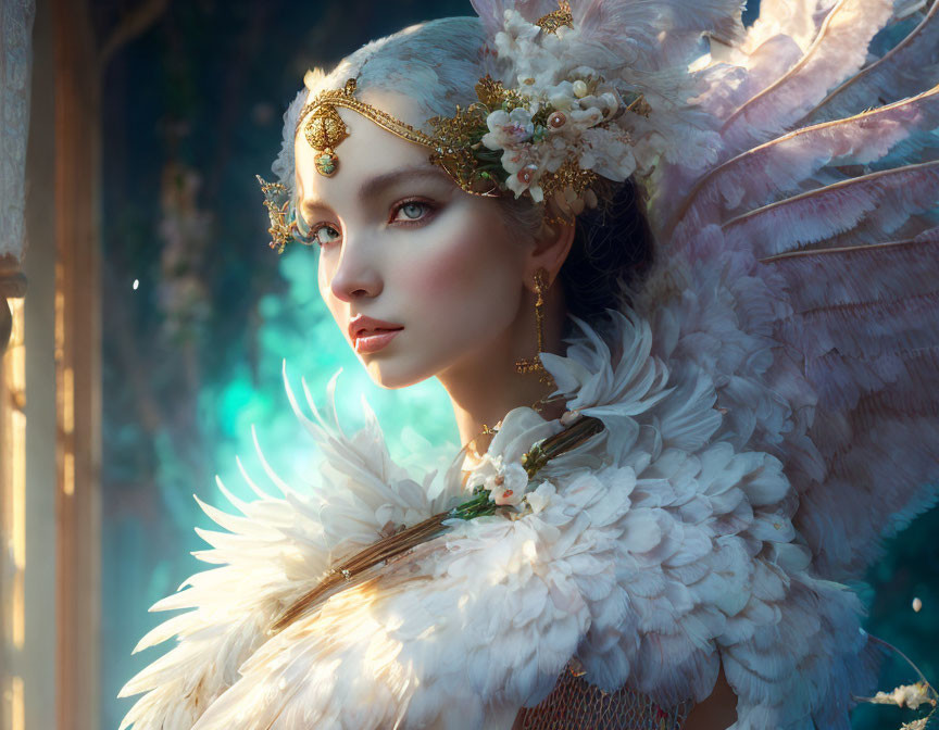 Ethereal portrait of a woman with angelic wings and ornate headdress