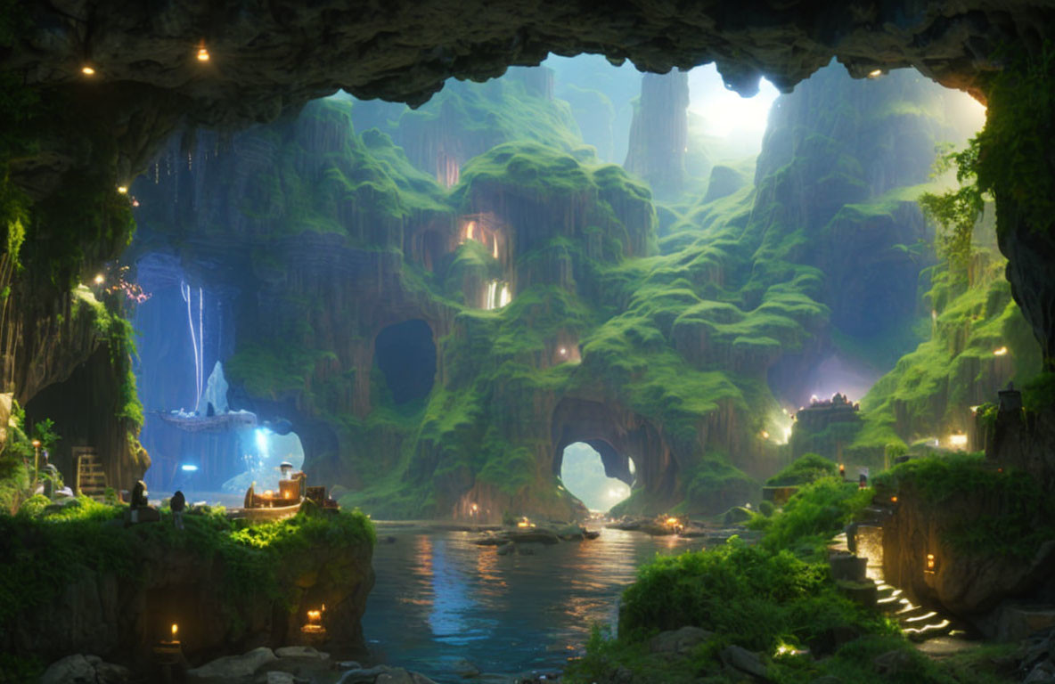 Mystical subterranean cave with lush greenery and glowing lanterns