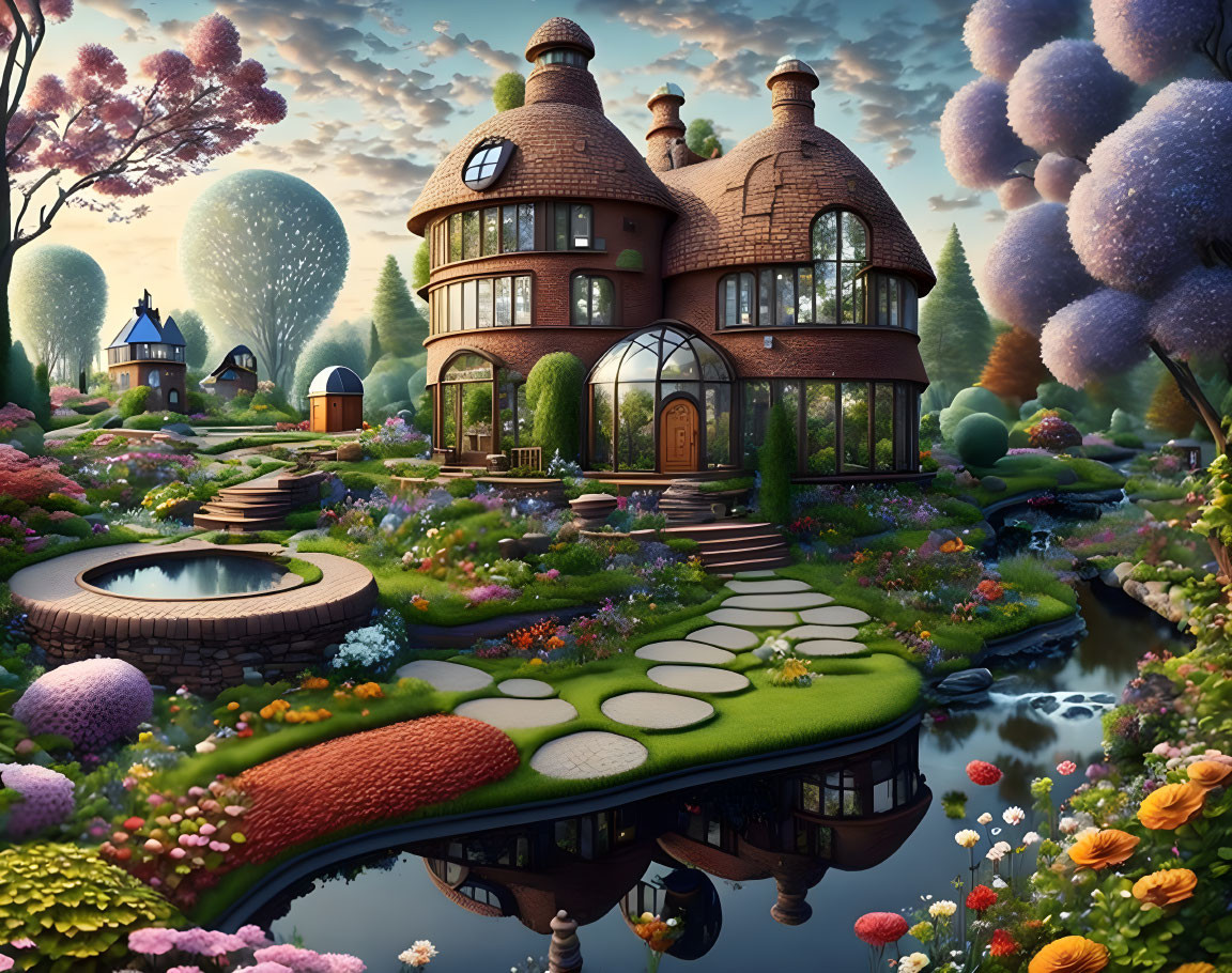 Fantasy garden with mushroom house, vibrant flora, stream, stepping stones, surreal trees