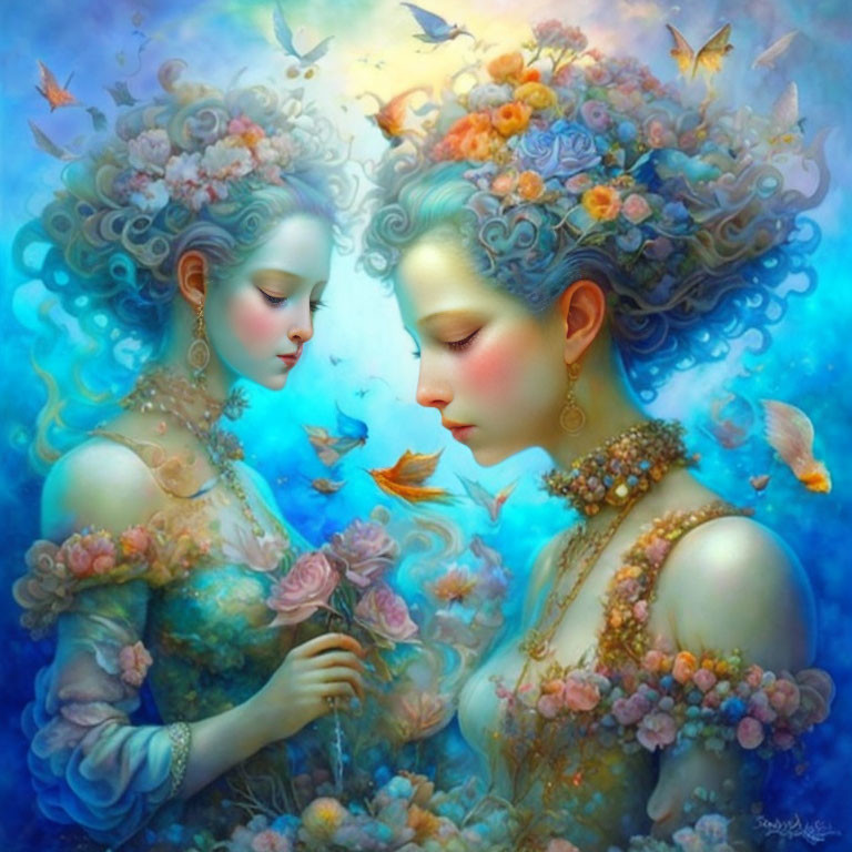 Ethereal women with floral hairstyles and butterflies in soft blue setting