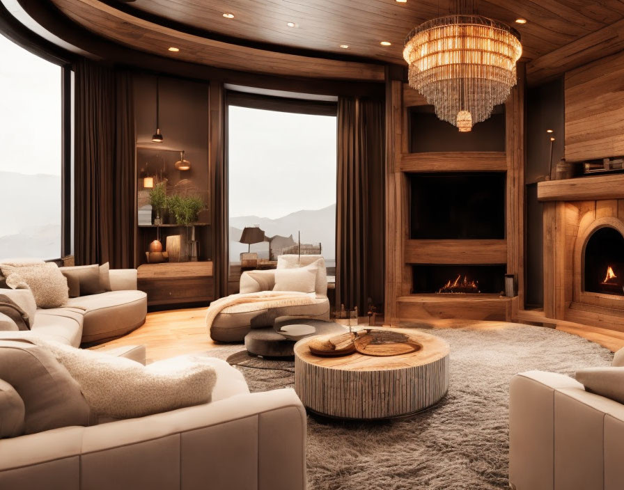 Modern fireplace, beige sofas, wooden accents, round coffee table, stylish chandelier, mountain view.