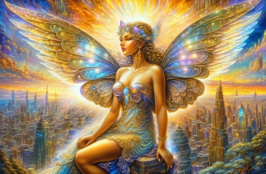 Winged fantasy figure in ornate attire above golden cityscape