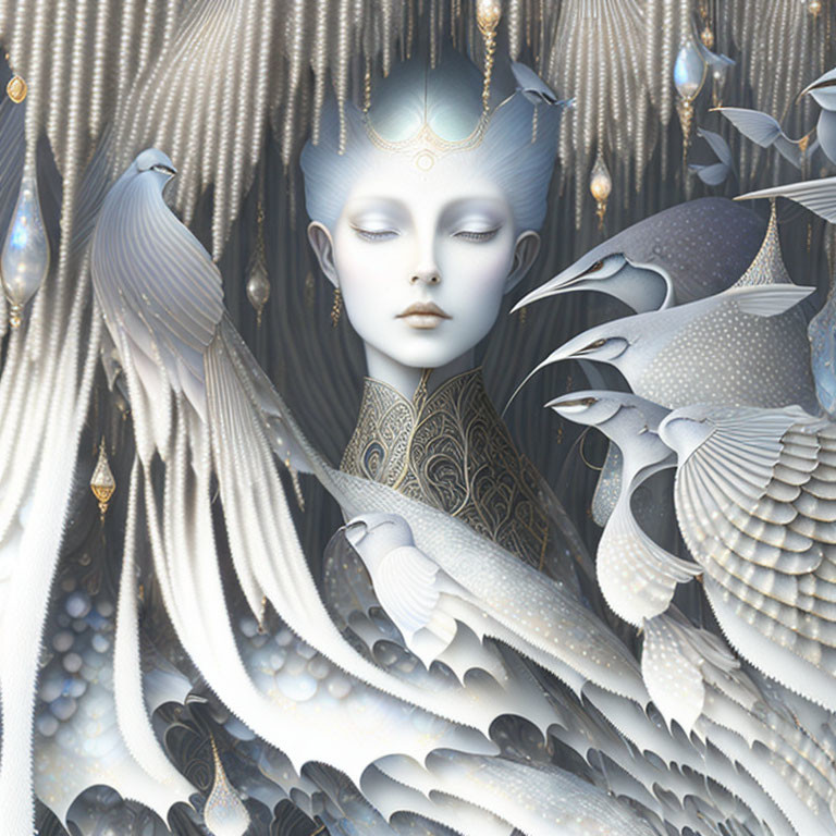 Ethereal figure with closed eyes and gold patterns, surrounded by white birds and pearls.