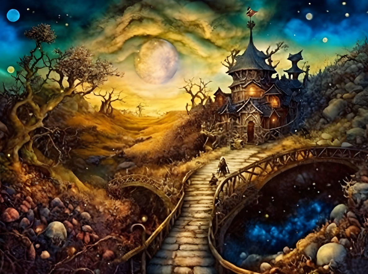 Enchanting fairy-tale landscape with magical house, stone bridge, and vibrant sky