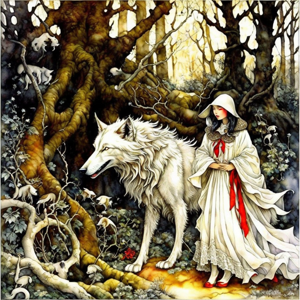 Illustration of girl in white and red cloak with majestic wolf in mythical forest