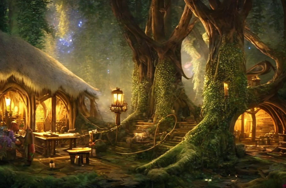 Mystical forest scene with towering trees, ivy-covered homes, and magical glow