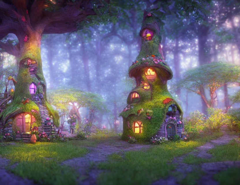 Whimsical treehouses in enchanted forest with moss and ivy