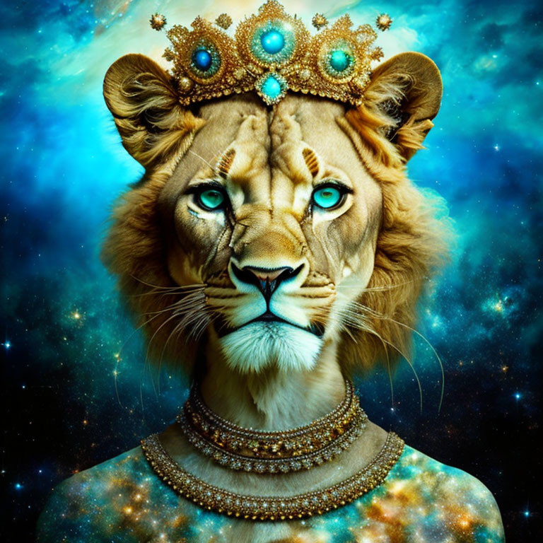 Majestic lion with blue eyes in crown and necklace on starry backdrop