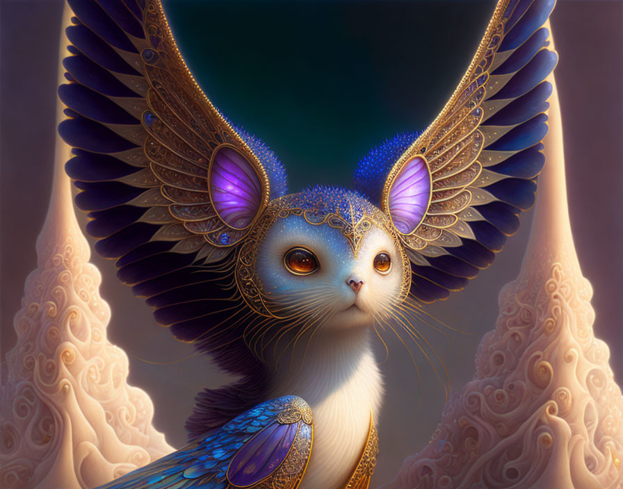 Cat-faced creature with violet eyes and golden wings in mystical setting