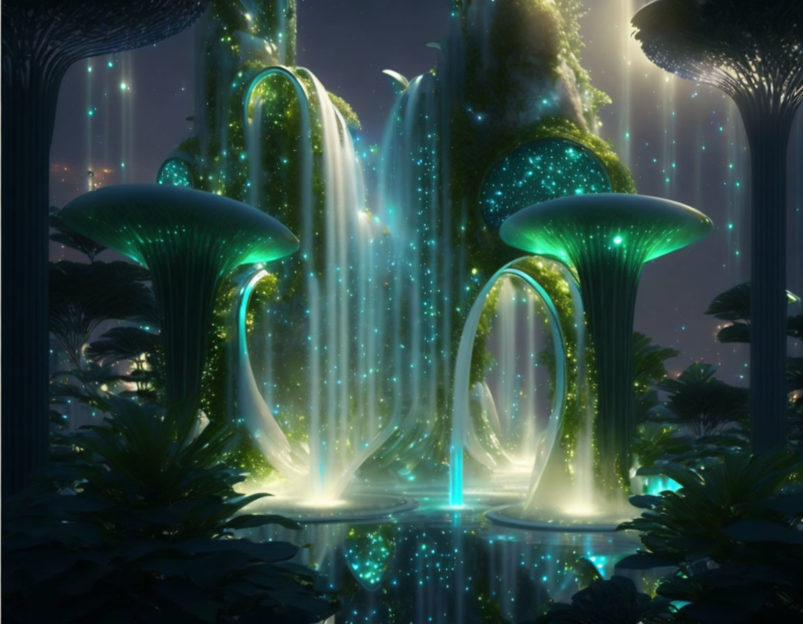 Fantasy forest at night with bioluminescent mushrooms and waterfall.