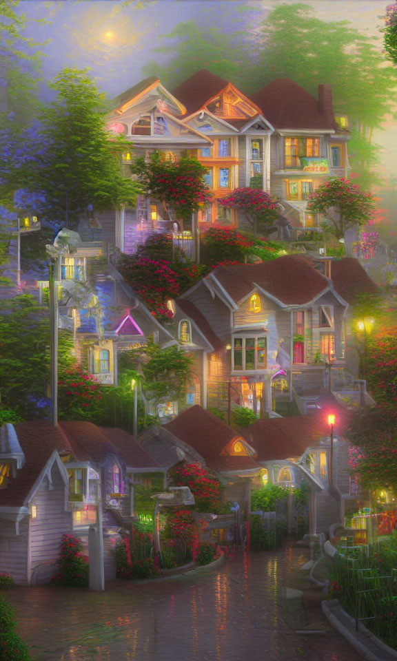 Charming village scene with colorful houses and warm lights