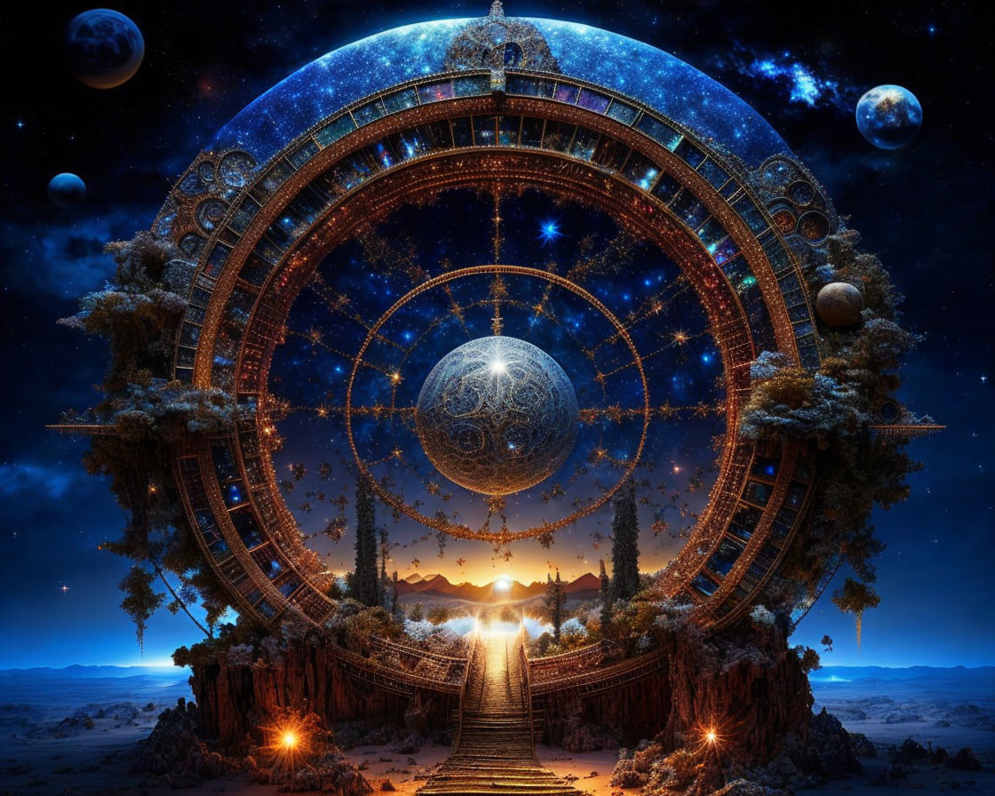 Astrological wheel with zodiac signs, planets, stars, and sunset above desert landscape