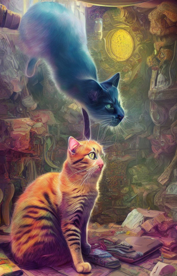 Ginger and blue cats in magical room with books and artifacts