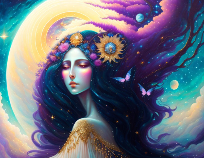 Surreal portrait of woman with galaxy hair, planets, cosmic background, floral crown