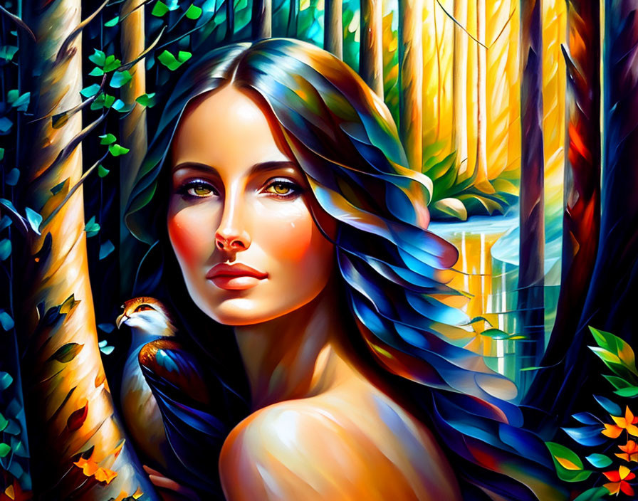 Colorful painting of a woman with feathers and bird in enchanted forest