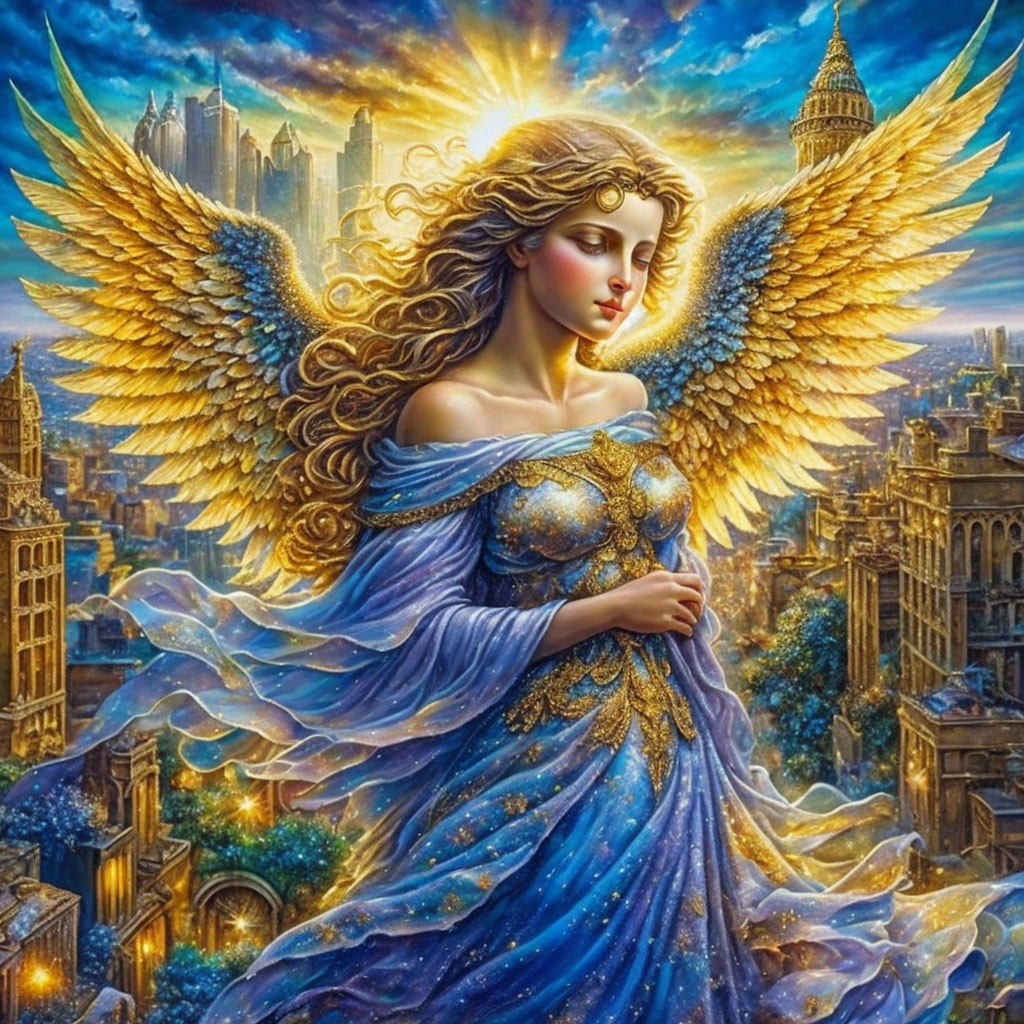 Golden-winged angel in flowing blue gown before radiant cityscape