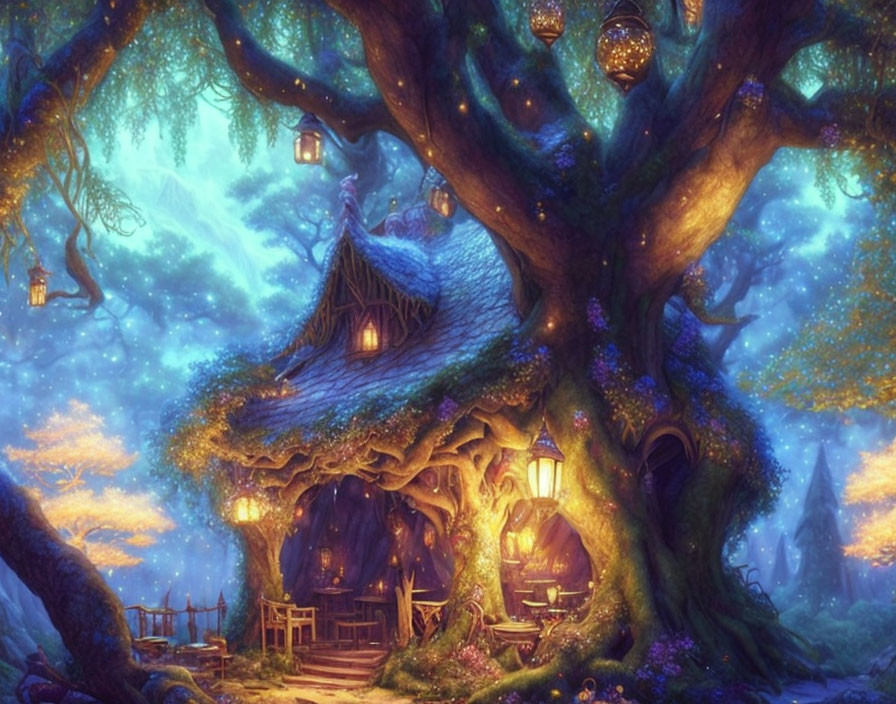 Enchanting treehouse in giant tree with magical forest backdrop