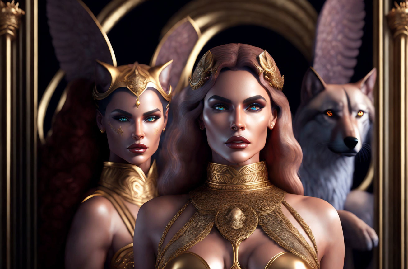 Stylized women in golden armor with wolf on dark ornate background