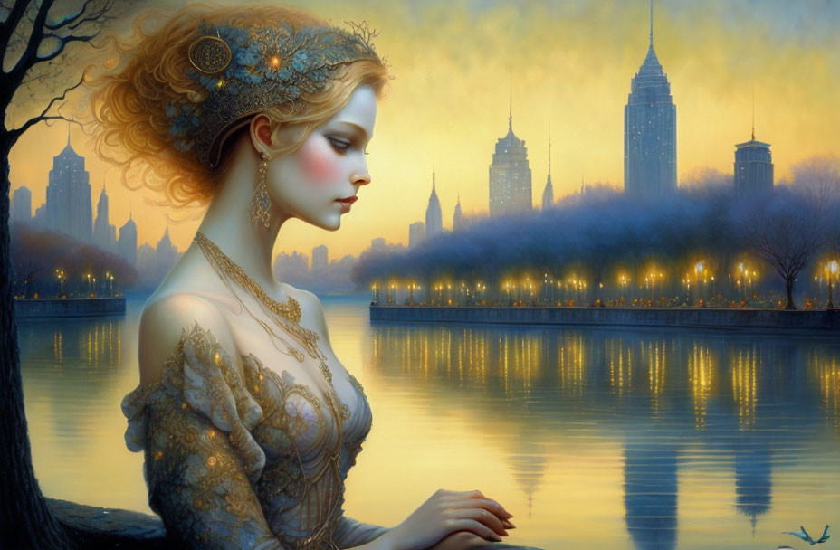 Ethereal woman with ornate jewelry in twilight cityscape