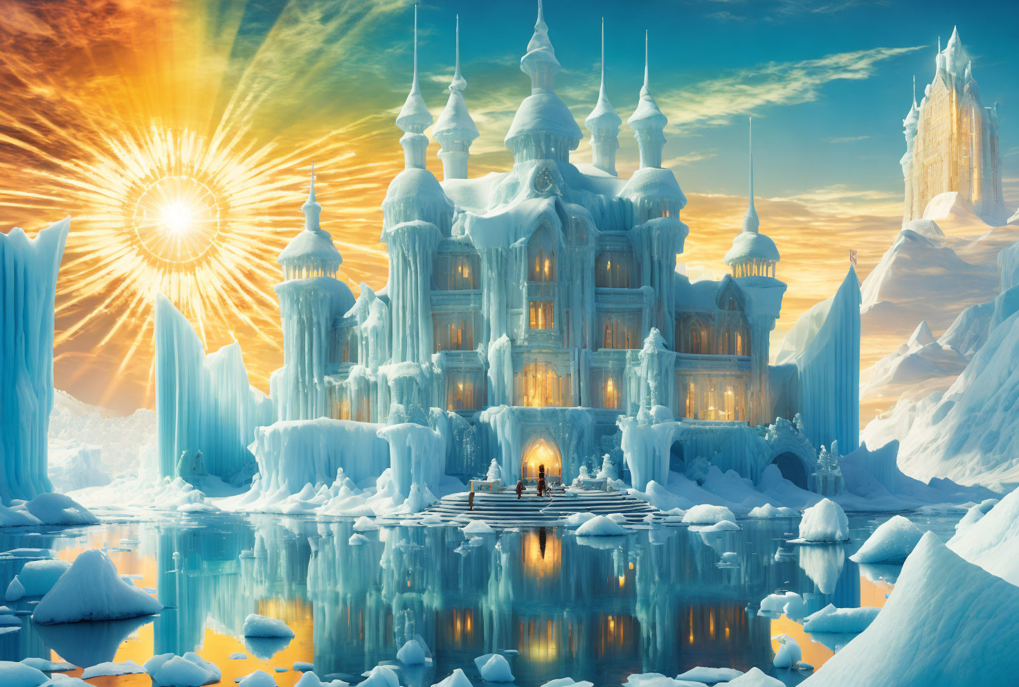 Glowing ice palace in frozen landscape under sunburst sky