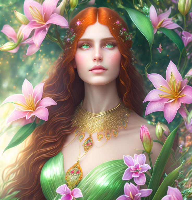 Digital artwork: Woman with red hair among pink flowers and nature-inspired magic