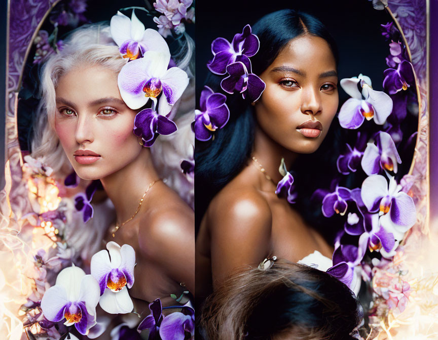 Two women with different skin tones surrounded by purple and white orchids in a portrait.