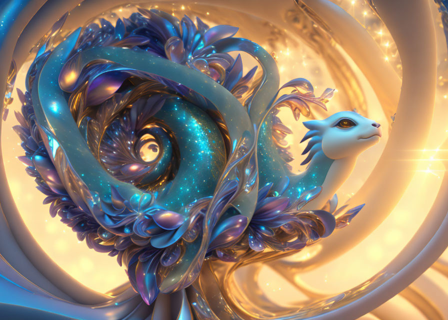 Abstract blue and gold spiral with radiant light points and a serene dragon-cat creature.