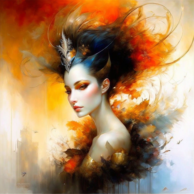 Vibrant portrait of a woman with flowing hair and feathers on abstract background