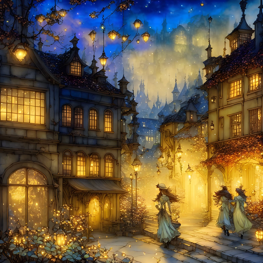 Illustration of magical twilight street with figures in cloaks