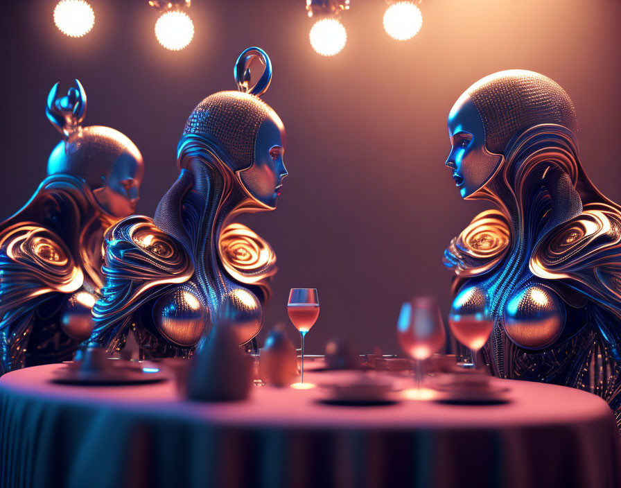 Futuristic humanoid figures at dimly lit table with stemware