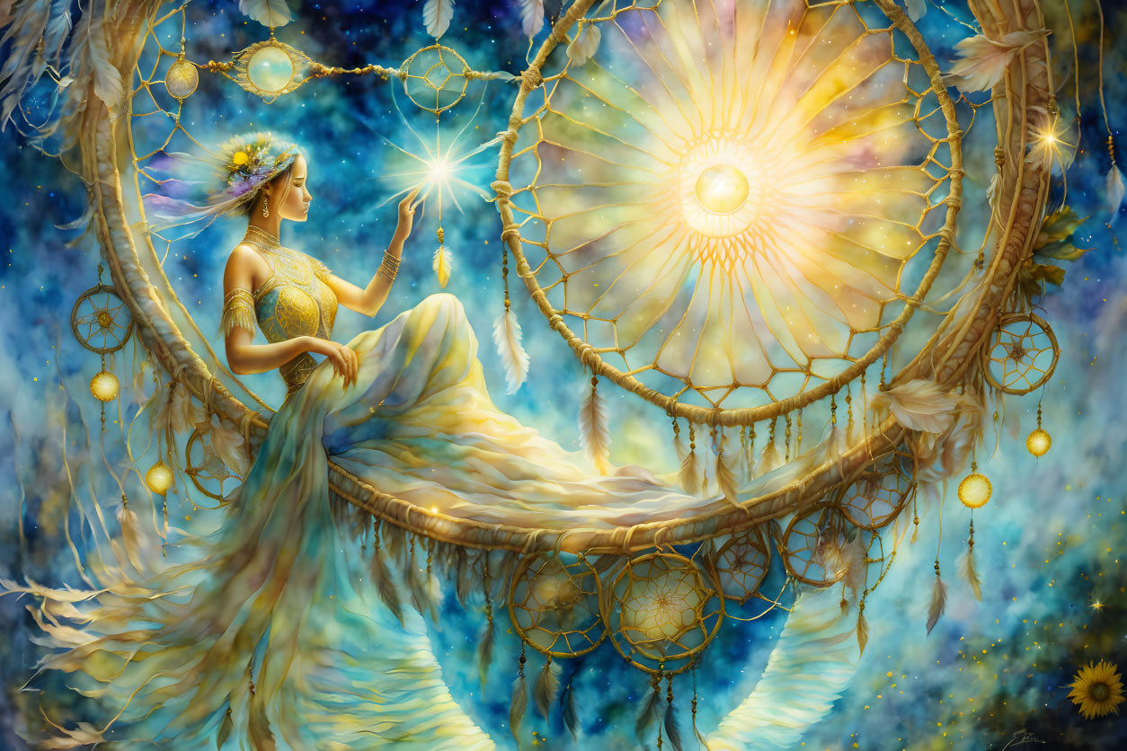 Mystical woman in ornate dress within large dreamcatcher among stars.