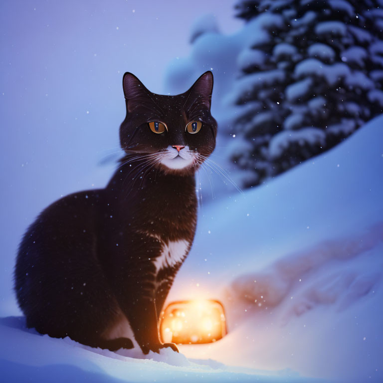 Black Cat with Striking Eyes in Snowy Twilight Landscape