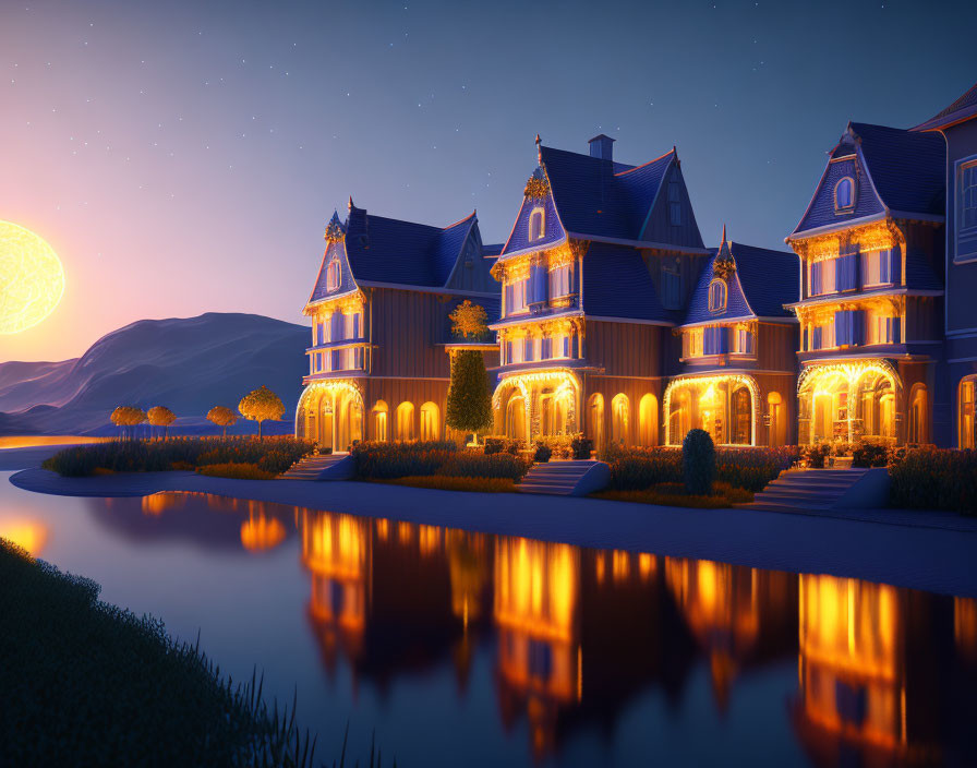 Victorian-style mansion at twilight by lake with full moon