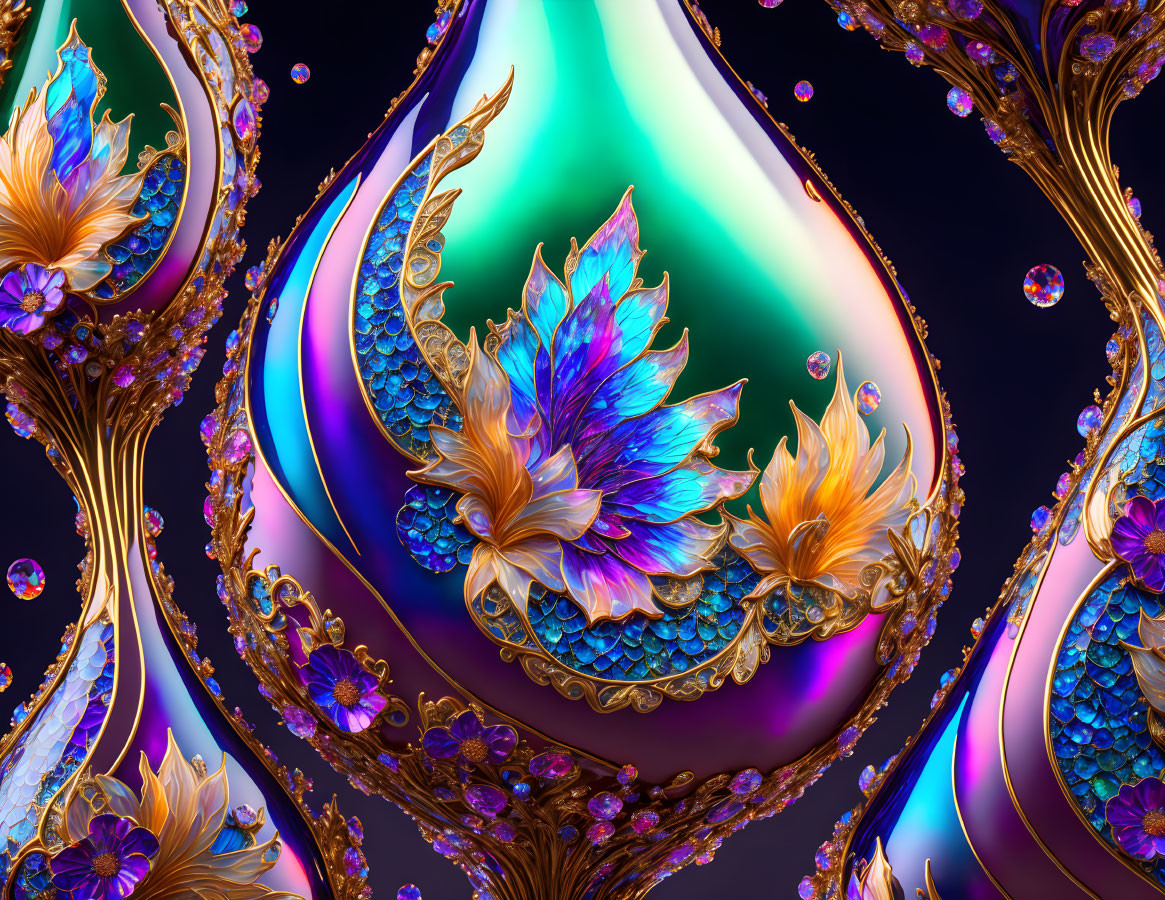 Colorful Digital Artwork: Iridescent Tear-Shaped Objects with Gold and Blue Floral Patterns