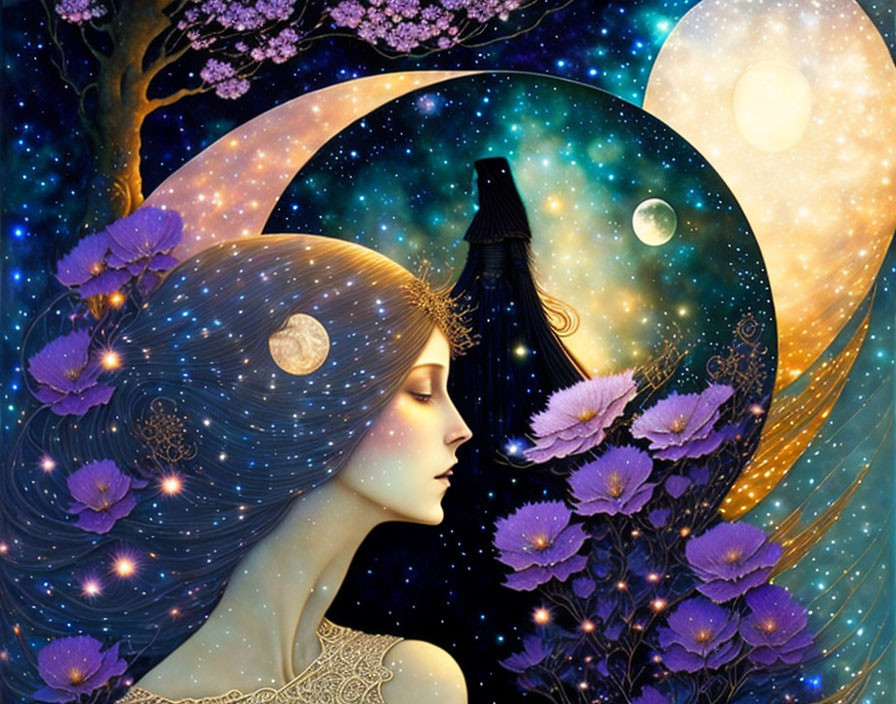 Fantastical artwork of woman with cosmic hair and night sky landscape