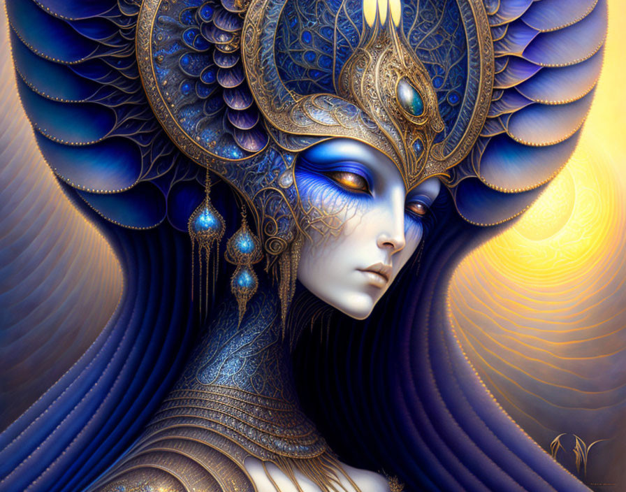 Fantasy illustration with blue and gold headdress and peacock feather motifs