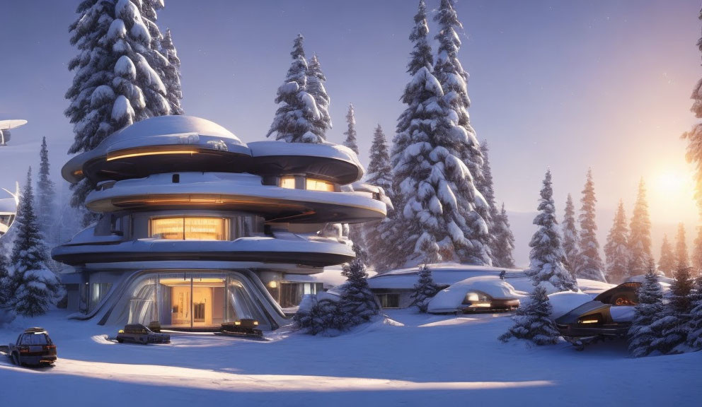 Futuristic multi-level house in snowy landscape with pine trees at sunrise or sunset