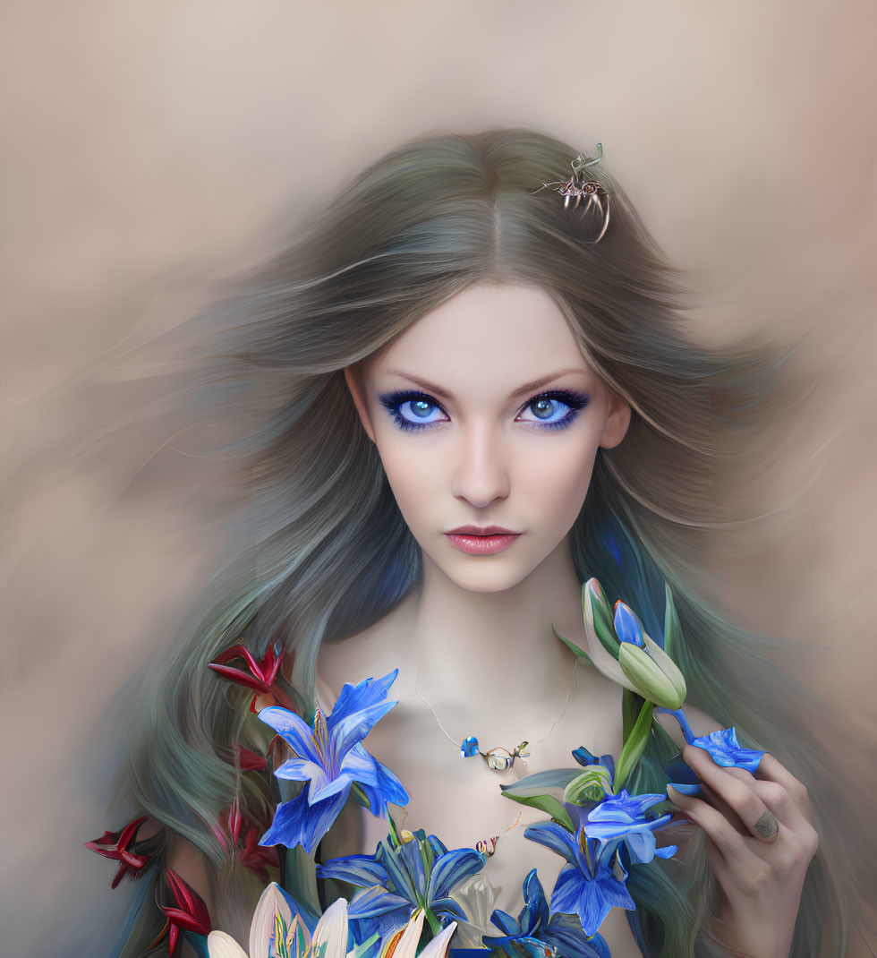 Digital artwork of female figure with blue eyes, green hair, holding blue flowers, and small creatures.