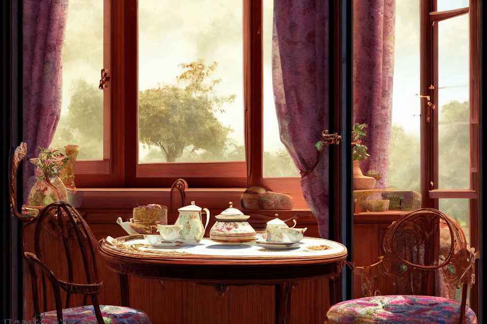 Vintage Room with Tea Set on Wooden Table and Purple Curtains