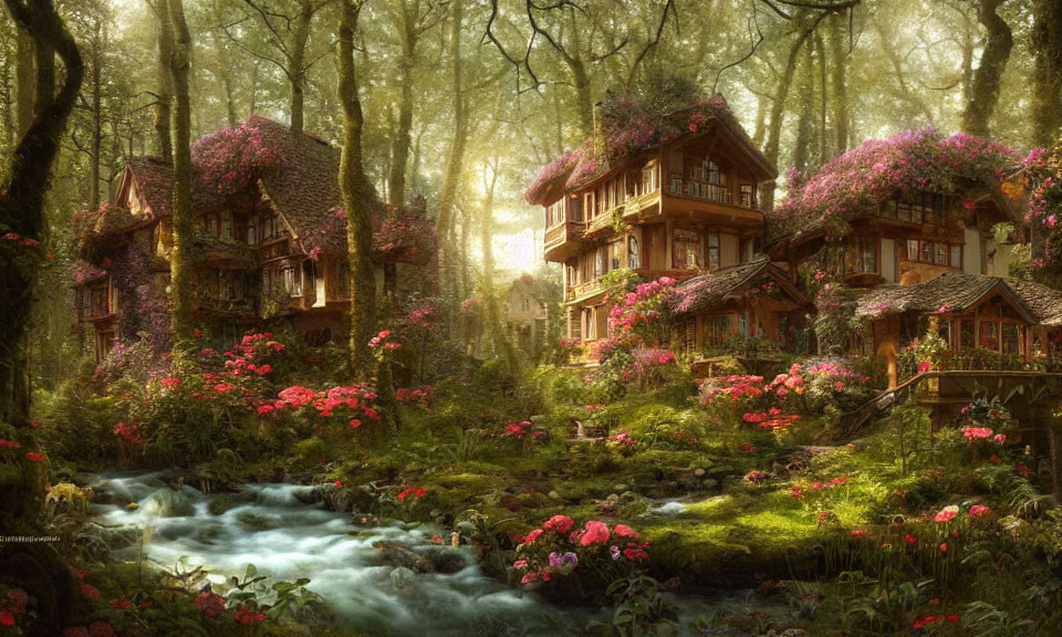 Tranquil forest scene with blooming flowers, babbling brook, and ivy-covered cott