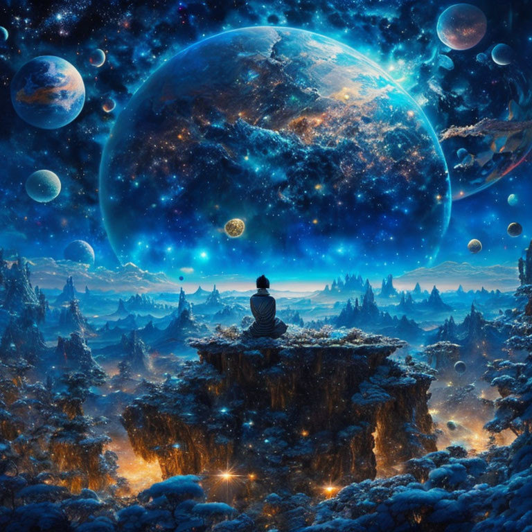 Person overlooking surreal icy landscape under cosmic sky