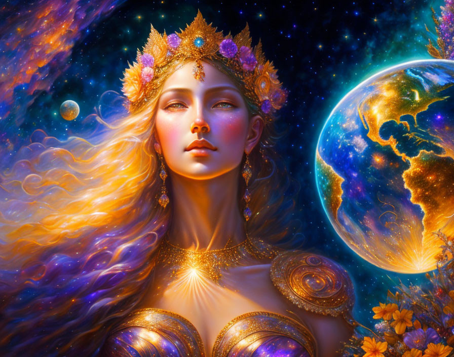 Fantastical painting of woman with golden hair and celestial crown in cosmic scene