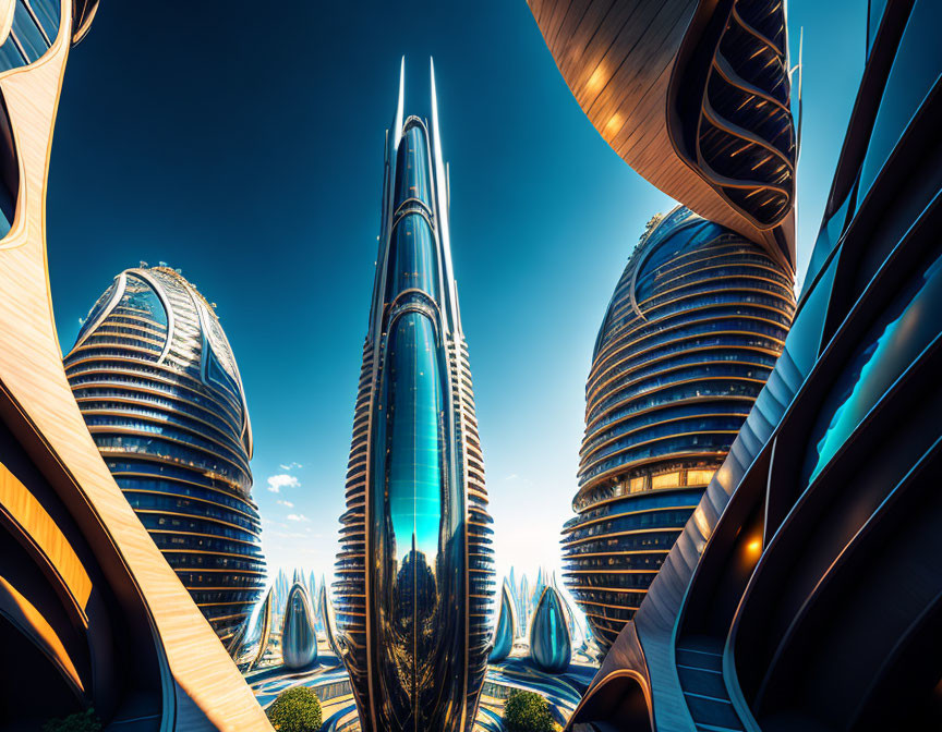 Futuristic Cityscape with Curving Skyscrapers at Dusk