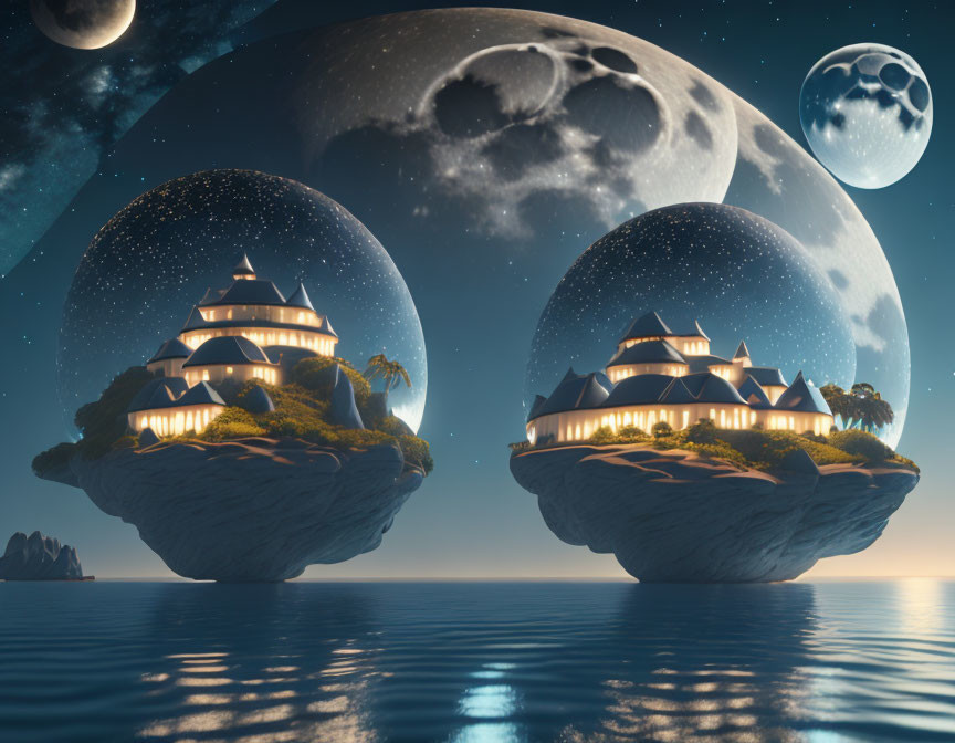 Floating islands with illuminated pagoda-style buildings at night