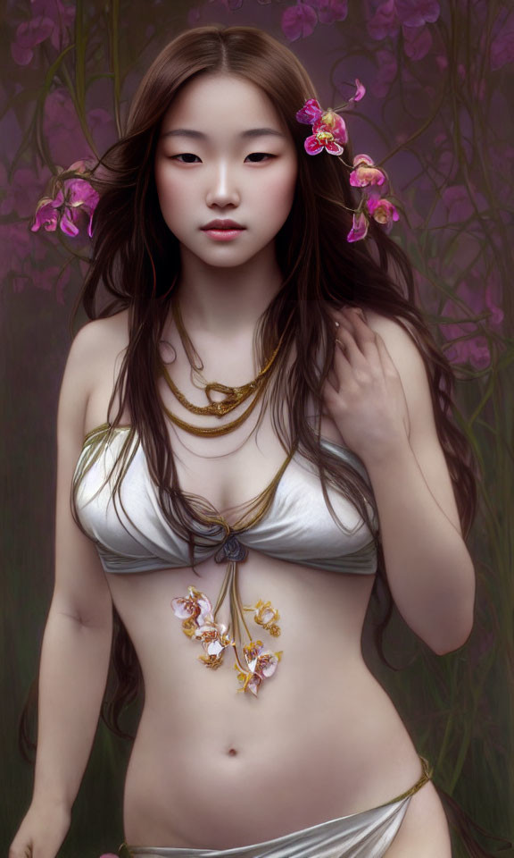 Digital artwork featuring woman with long hair, gold jewelry, pink flowers, floral background