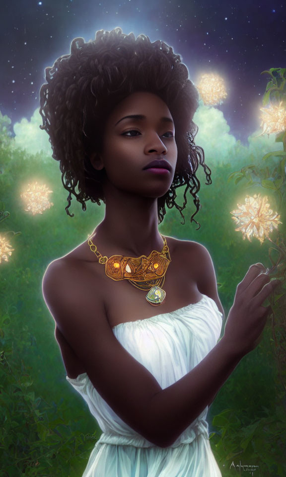 Digital artwork features woman with curly afro in white dress and gold necklace against starry night backdrop.